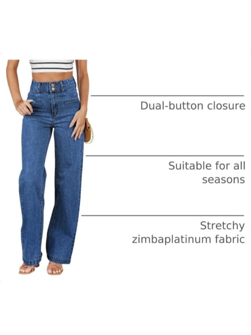Women's Bluing High Waisted Straight Denim Pants Dual Button Leg Jeans - Picture 4 of 6